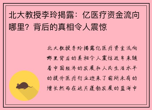 北大教授李玲揭露：亿医疗资金流向哪里？背后的真相令人震惊