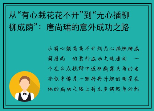 从“有心栽花花不开”到“无心插柳柳成荫”：唐尚珺的意外成功之路